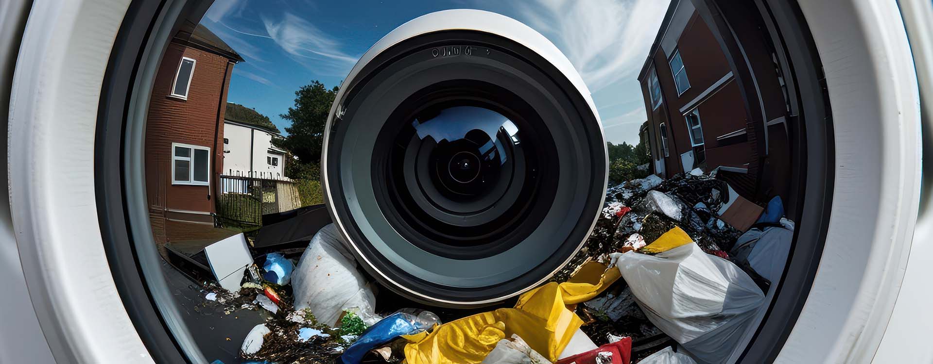 Illegal fly-tipping rubbish reflected in a security camera lens