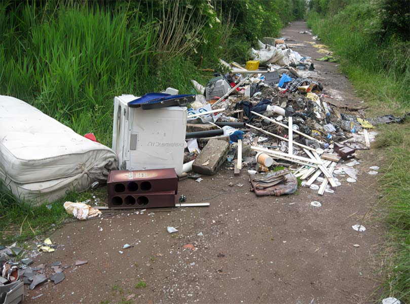 pile of fly tipped rubbish on footpath in uk